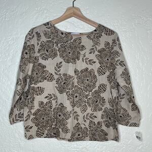 Hot Cotton By Marc Ware Linen Floral Cropped Lagenlook Top Women NWT Tan Brown